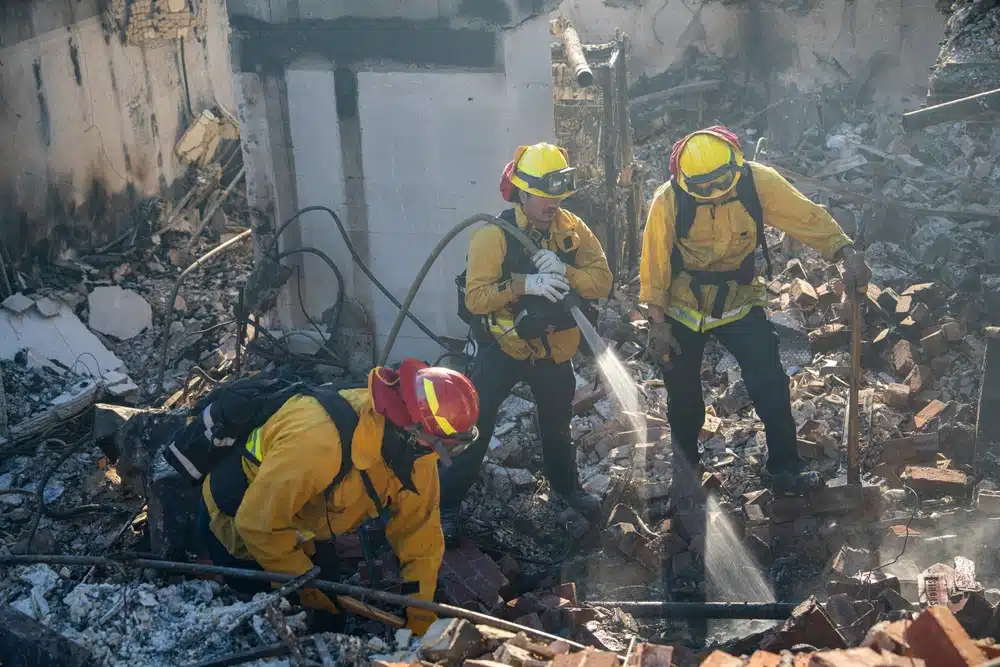 Photo by Capt.Johnny Chau, 452nd Air Mobility Wing. March Field Fire Emergency Services from March Air Reserve Base stationed in Moreno Valley, Calif., assisted in fire suppression efforts against the Eaton Fire in the Altadena Neighborhood of Los Angeles, Calif., on Jan. 13, 2025.