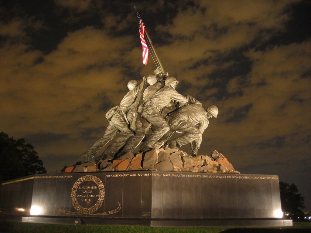 The US Marine Corps War Memorial, located in Arlington Ridge is based on an iconic image of the second flag-raising on the island of Iwo Jima during World War II.